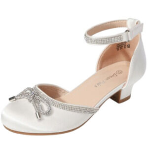 Dream Pairs Girls White Sparkly Rhinestone Bow Low Heel Dress Shoes - Sz 1/EU32